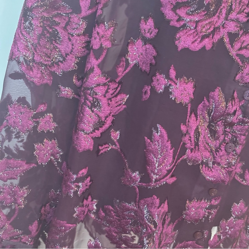 Burgundy Purple Burnout Velvet Floral Button Up Sheer Shirt Top 2X Whimsigoth - Picture 6 of 13